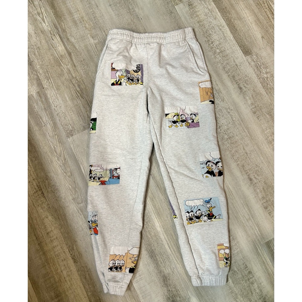 Disney Donald & Nephew Cartoon Patches Gray Jogger Sweatpants, Size XS